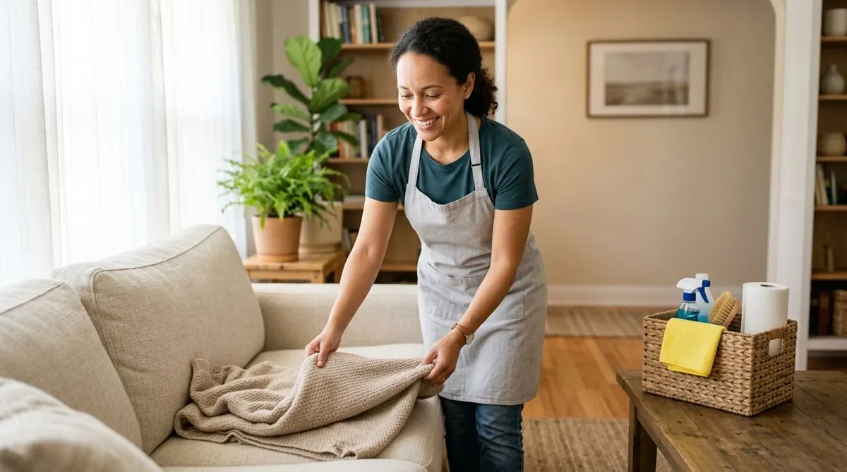 Cleaning professional folding a blanket in a living room