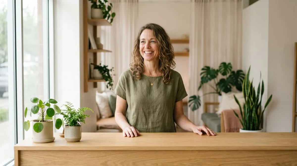 Owner of a small wellness clinic at her front desk
